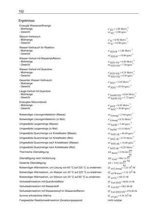 152

Ergebnisse:
Erzeugte Wasserstoffmenge:
                                                                                             1
- Molmenge:                                                            n' H2 = 1.00 Mol s
                                                                       m' H2 = 2.00 gm.s
                                                                                          1
- Gewicht:
Silizium-Verbrauch:
                                                                                         1
- Molmenge:                                                            n' Si = 0.50 Mol s
                                                                       m' Si = 14.00 gm.s
                                                                                          1
- Gewicht:
Wasser-Verbrauch für Reaktion:
                                                                                                     1
- Molmenge:                                                            n' H2O.R = 1.00 Mol s
- Gewicht:
                                                                       m' H2O.R = 18.00 gm.s
                                                                                             1

Wasser-Verlust mit Wasserstoffstrom:
                                                                                                         1
- Molmenge:                                                            n' H2O.VH = 0.40 Mol s
                                                                       m' H2O.VH = 7.20 gm.s
                                                                                              1
- Gewicht:
Wasser-Verlust mit Quarzbrei:
                                                                                                         1
- Molmenge:                                                            n' H2O.VQ = 0.24 Mol s
                                                                       m' H2O.VQ = 4.30 gm.s
                                                                                              1
- Gewicht:
Gesamter Wasser-Verbrauch:                                                                       1
                                                                       n' H2O = 1.64 Mol s
- Molmenge:
                                                                       m' H2O = 29.50 gm.s
                                                                                           1
- Gewicht:
Lauge-Verlust mit Quarzbrei:
                                                                                                             1
- Molmenge:                                                            n' NaOH.VQ = 0.04 Mol s
                                                                       m' NaOH.VQ = 1.72 gm.s
                                                                                               1
- Gewicht:
Erzeugtes Siliziumdioxid:
                                                                                                 1
- Molmenge:                                                            n' SiO2 = 0.50 Mol s
                                                                       m' SiO2 = 30.00 gm.s
                                                                                            1
- Gewicht:

                                                                       m' Lösung = 13.66 gm.s
                                                                                              1
Notwendiger Lösungsmittelstrom (Masse):
                                                                                                     1
Notwendiger Lösungsmittelstrom (in Mol):                               n' Lösung = 0.76 Mol s
                                                                       m' NaOH = 5.46 gm.s
                                                                                           1
Umgewälzte Laugemenge (Masse):
                                                                                                     1
Umgewälzte Laugemenge (in Mol):                                        n' NaOH = 0.14 Mol s
                                                                       m' SiO2.vK = 46.60 gm.s
                                                                                               1
Umgewälzte Quarzmenge vor Kristallisator (Masse):
                                                                                                         1
Umgewälzte Quarzmenge vor Kristallisator (Mol):                        n' SiO2.vK = 0.78 Mol s
                                                                       m' SiO2.nK = 16.60 gm.s
                                                                                               1
Umgewälzte Quarzmenge nach Kristallisator (Masse):
                                                                                                         1
Umgewälzte Quarzmenge nach Kristallisator (Mol):                       n' SiO2.nK = 0.28 Mol s
                                                                                             gm
Thermische Übersättigung:                                              ∆S therm = 2196.04
                                                                                             kg
                                                                                          gm
Übersättigung nach Verdünnung:                                         ∆S Verd = 966.13
                                                                                       gm kg
Gesamte Übersättigung:                                                 ∆S = 3162.16
                                                                                       kg
                                                                       Q' erf.Lösung= 1.24 .10 W
                                                                                               4
Notwendiger Wärmestrom, um Lösung von 60 °C auf 225 °C zu erwärmen:
                                                                       Q' erf.Wasser = 3.10 .10 W
                                                                                               4
Notwendiger Wärmestrom, um Wasser von 25 °C auf 225 °C zu erwärmen:
Notwendiger Wärmestrom, um Silizium von 25 °C auf 60 °C zu erwärmen:   Q' erf.Si = 349.37 W
Verlustwärmestrom mit Quarzkristallbrei:                               Q' Verl.SiO2 = 8654.19 W
Verlustwärmestrom mit Wasserstoff:                                     Q' Verl.H2 = 1001.00 W
Verlustwärmestrom mit Wasserdampf im Wasserstoffstrom:                 Q' Verl.H2O.VH = 478.80 W
                                                                       Q' erf.ges = 5.39 .10 W
                                                                                          4
Summe erforderliche Wärme:
Freigesetzter Reaktionswärmestrom Zersetzungsapparat:                  nicht nutzbar
 