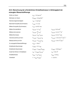 153

A3.5: Berechnung der erforderlichen Kristallisatmasse in Abhängigkeit der
erzeugten Wasserstoffmenge
                                               2.65 .gm.cm
                                                                   3
Dichte von Quarz:                      ρQ

                                                   60 .gm.Mol
                                                              1
Molmasse von Quarz:                    M SiO2

                                               5 .mm.Tag
                                                               1
Wachstumsgeschwindigkeit:              vW

Maximale Korngröße (Durchmesser):      L max      0.1 .mm

Mittlere Korngröße (Durchmesser):      L 50      0.07937 .mm

                                                   π .L 50
                                                             2                                  2
Mittlere Kornoberfläche:               A K.50                              A K.50 = 0.02 mm
                                                   π.
                                                                           V K.50 = 2.62 .10
                                                               3                                13     3
Mittleres Kornvolumen:                 V K.50           L 50                                         m
                                                   6
                                                   ρ Q .V K.50             m K.50 = 6.94 .10
                                                                                                7
Mittlere Kornmasse:                    m K.50                                                       gm

                                                   A K.50 .v W             V' K.50 = 1145.30 10 .mm .s
                                                                                               9   3 1
Volumenzunahme pro Korn:               V' K.50

                                                   V' K.50 .ρ Q            m' K.50 = 3.04 .10        gm.s
                                                                                                9         1
Massezunahme pro Korn:                 m' K.50

                                                 1 Mol.s
                                                         1
Zu erzeugende Wasserstoffmenge:        n' H2

Entstehende Quarzmenge:                n' SiO2     0.5 .n' H2

                                                   n' SiO2.M SiO2          m' SiO2 = 30.00 gm.s
                                                                                                1
Entstehende Quarzmasse:                m' SiO2

                                               m' SiO2.m' K.50             z K = 9.88 .10
                                                                       1                    9
Anzahl der Körner im Kristallisator:   zK

Kristallisatmasse:                     m ges     z K .m K.50               m ges = 6.86 kg

                                            m ges.m' SiO2
                                                          1
Verweilzeit:                           τ                                   τ = 228.59 s
 