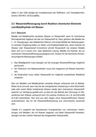 9

(allein in den USA beträgt der Investitionswert der Raffinerie- und Tankstelleninfra-
struktur 200 Mrd. US-$ [Ledj98]).



2.3 Wasserstofferzeugung durch Reaktion chemischer Elemente
und Metallhydride mit Wasser

2.3.1 Übersicht
Metalle und Metallhydride zersetzen Wasser zu Wasserstoff, wenn ihr chemisches
Normalpotential negativer als das von Wasserstoff ist. Dazu gehören alle Metalle der
I. - IV. Hauptgruppe, das Halbelement Silizium und einige Metalle der Nebengruppen.
In neutraler Umgebung bilden nur Alkali- und Erdalkalimetalle bzw. deren Hydride mit
Wasser oder Wasserdampf hinreichend schnell Wasserstoff, die anderen Metalle
lösen sich nur in saurer und / oder alkalischer Lösung. Metalle und Hydride, die zur
chemischen Wasserstofferzeugung geeignet sind, müssen für die technische Anwen-
dung folgende Bedingungen erfüllen:


•   Das Metallgewicht muss bezogen auf die erzeugte Wasserstoffmenge möglichst
    gering sein,
•   der Verbrauch von Nebenprodukten muss sich insgesamt auf Wasser beschrän-
    ken,
•   als Endprodukt muss neben Wasserstoff ein möglichst wasserfreies Metalloxid
    entstehen.

Das von Metallen und Metallhydriden zersetzte Wasser verbraucht sich im Betrieb.
Daher ist es sinnvoll, wenn das bei der energetischen Umsetzung in einer Brennstoff-
zelle oder einem Motor entstehende Wasser wieder dem chemischen Wasserstoff-
speicher zur Verfügung gestellt wird, so dass für den Betrieb des Fahrzeugs im We-
sentlichen kein Wasser verbraucht wird. Ein solches Verfahren ist z. B. bei [OCon80]
(S.3.26) beschrieben: Hier wird aus dem Abgas eines Wasserstoffmotors Wasser
auskondensiert, das für die Wasserstoffentwicklung aus Lithiumhydrid verwendet
wird.

Tabelle 2.3 vergleicht die theoretischen Energiedichten von chemischen Verbin-
dungen und Metallen, die mit Wasser reagieren und dabei Wasserstoff freisetzen,
bezogen auf den unteren Heizwert des freigesetzten Wasserstoffs.
 