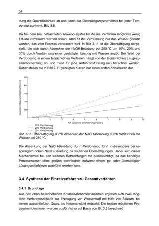 34

dung die Quarzlöslichkeit ab und damit das Übersättigungsverhältnis bei jeder Tem-
peratur zunimmt, Bild 3.6.

Da bei dem hier betrachteten Anwendungsfall für dieses Verfahren möglichst wenig
Edukte verbraucht werden sollen, kann für die Verdünnung nur das Wasser genutzt
werden, das vom Prozess verbraucht wird. In Bild 3.11 ist die Übersättigung darge-
stellt, die sich durch Absenken der NaOH-Beladung bei 250 °C um 10%, 20% und
30% durch Verdünnung einer gesättigten Lösung mit Wasser ergibt. Der Wert der
Verdünnung in einem tatsächlichen Verfahren hängt von der tatsächlichen Laugezu-
sammensetzung ab, und muss für jede Verfahrensführung neu berechnet werden.
Daher stellen die in Bild 3.11 gezeigten Kurven nur einen ersten Anhaltswert dar.

                                          500
Quarzübersättigung [g(SiO2)/kg(Wasser)]




                                          400



                                          300



                                          200



                                          100




                                                  1        2     3        4            5           6          7   8   9   10
                                                                     Anf.-Laugekonz. [mol(NaOH)/kg(Wasser)]
                                                10% Verdünnung
                                                20% Verdünnung
                                                30% Verdünnung
Bild 3.11: Übersättigung durch Absenken der NaOH-Beladung durch Verdünnen mit
Wasser bei 250 °C

Die Absenkung der NaOH-Beladung durch Verdünnung führt insbesondere bei ur-
sprünglich hohen NaOH-Beladung zu deutlichen Übersättigungen. Daher wird dieser
Mechanismus bei den weiteren Betrachtungen mit berücksichtigt, da das benötigte
Prozesswasser ohne großen technischen Aufwand einem ge- oder übersättigten
Lösungsmittelstrom zugeführt werden kann.



3.4 Synthese der Einzelverfahren zu Gesamtverfahren

3.4.1 Grundlage
Aus den oben beschriebenen Kristallisationsmechanismen ergeben sich zwei mög-
liche Verfahrensabläufe zur Erzeugung von Wasserstoff mit Hilfe von Silizium, bei
denen ausschließlich Quarz als Nebenprodukt entsteht. Die beiden möglichen Pro-
zesskombinationen werden ausführlicher auf Basis von Gl. 3.3 berechnet.
 