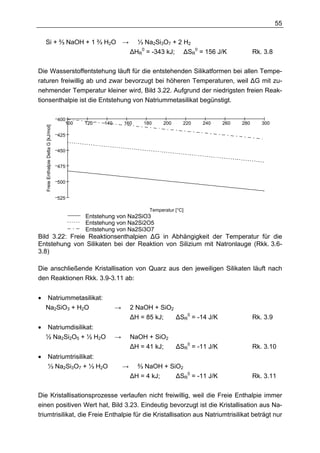 55

    Si + ⅔ NaOH + 1 ⅔ H2O →                                           ⅓ Na2Si3O7 + 2 H2
                                                                    ∆HR0 = -343 kJ; ∆SR0 = 156 J/K                 Rk. 3.8

Die Wasserstoffentstehung läuft für die entstehenden Silikatformen bei allen Tempe-
raturen freiwillig ab und zwar bevorzugt bei höheren Temperaturen, weil ∆G mit zu-
nehmender Temperatur kleiner wird, Bild 3.22. Aufgrund der niedrigsten freien Reak-
tionsenthalpie ist die Entstehung von Natriummetasilikat begünstigt.

                                       400
                                          100   120   140       160     180     200     220   240      260   280      300
    Freie Enthalpie Delta G [kJ/mol]




                                       425


                                       450


                                       475


                                       500


                                       525

                                                                          Temperatur [°C]
                                                Entstehung von Na2SiO3
                                                Entstehung von Na2Si2O5
                                                Entstehung von Na2Si3O7
Bild 3.22: Freie Reaktionsenthalpien ∆G in Abhängigkeit der Temperatur für die
Entstehung von Silikaten bei der Reaktion von Silizium mit Natronlauge (Rkk. 3.6-
3.8)

Die anschließende Kristallisation von Quarz aus den jeweiligen Silikaten läuft nach
den Reaktionen Rkk. 3.9-3.11 ab:


•   Natriummetasilikat:
    Na2SiO3 + H2O                                           →       2 NaOH + SiO2
                                                                    ∆H = 85 kJ;   ∆SR0 = -14 J/K                   Rk. 3.9
•   Natriumdisilikat:
    ½ Na2Si2O5 + ½ H2O                                      →       NaOH + SiO2
                                                                    ∆H = 41 kJ;       ∆SR0 = -11 J/K               Rk. 3.10
•          Natriumtrisilikat:
           ⅓ Na2Si3O7 + ⅓ H2O                                   →     ⅔ NaOH + SiO2
                                                                    ∆H = 4 kJ;   ∆SR0 = -11 J/K                    Rk. 3.11

Die Kristallisationsprozesse verlaufen nicht freiwillig, weil die Freie Enthalpie immer
einen positiven Wert hat, Bild 3.23. Eindeutig bevorzugt ist die Kristallisation aus Na-
triumtrisilikat, die Freie Enthalpie für die Kristallisation aus Natriumtrisilikat beträgt nur
 