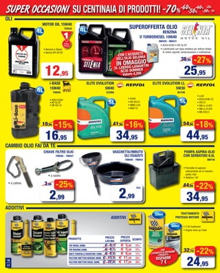 16
17
Primo
Prezzo
Prezzo
MOTOR OIL 15W40
793534
• Benzina e Diesel
• Norme API SF/CD
12,95
i-BASE
15W40
756040
-15%
16,95
19,95
OLI
ADDITIVI
SUPEROFFERTA OLIO
BENZINA
O TURBODIESEL 10W40
866428 - 866431
• ACEA A3/B3 • API SL/CF
• Lubrificante con base sintetica per vetture dotate
di motori aspirati, turbocompressi o multivalvole
-27%
25,95
35,95
CON L’ACQUISTO
DELL’OLIO SELENIA
IN OMAGGIO
2L LIQUIDO LAVAVETRI
SC35 SUMMER
Valore 4,29€
ELITE EVOLUTION
5W40
223956
• A3/B4
• VW 505.01
• BMW LL04
• RN0710
ELITE EVOLUTION LL
5W30
367349
• LL04
• ACEA A3/B4 C3
• 505.01
• GM-LL-A-025
• GM-LL-B-025
• MB 229.51
-16%
34,95
41,95
-18%
44,95
54,95
• a nastro
CHIAVE FILTRO OLIO
798046 - 798047
• a catena
VASCHETTA/IMBUTO
OLI ESAUSTI
798048 - 798054
2,99
CAD.
• Permette di aspirare
velocemente ed in maniera
pulita l’olio
• Elettrico 12V
POMPA ASPIRA OLIO
CON SERBATOIO 6.5L
390738
-22%
34,95
44,95-25%
2,99
3,99
TRATTAMENTO
PROTEGGI MOTOREADDITIVI
CON
L’ACQUISTO DI ENTRAMBI
I PRODOTTI
RISPARMI
7 €
• 2 Oil treatment
• Engine tune-up Flush
300ml
326ml
TOP DIESEL 250ML € 8,15 € 5,95 27%
TOP BENZINA 250ML € 8,15 € 5,95 27%
BAR’S TURAFALLE RADIATORE 150ML € 8,45 € 6,95 17%
PULITORE INIETTORI BENZINA 300ML € 15,35 € 11,95 22%
PULITORE INIETTORI DIESEL 500ML € 22,65 € 17,95 20%
PRODOTTO PREZZO
LISTINO
PREZZO
OFFERTA SCONTO
• ACEA A3/B4
• API SL/CF
• VW 501.01
CAMBIO OLIO FAI DA TE
-22%
24,95
32,10
SU CENTINAIA DI PRODOTTI!SUPER OCCASIONI -70%-60%
-50%
-40%
-30%
-20%
-10%
Vol_ Luglio_Agosto_2015_16_17_Layout 1 06/07/15 14.20 Pagina 16
 