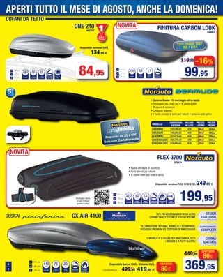 COFANI DA TETTO
Primo
Prezzo
Prezzo
134 cm
72 cm
37 cm E
240irtli
MULVO O
50
SPE
OCARICID
kg
O
10
SPE
OTOUVAA V
kg
134 cm
72 cm
37 cm
OIGAGSSIF
D UA
ARTUREPA
ELAREATL
ATRSDEAA DE
Disponibile versione 390 L
134,95 €
84,95
ONE 240
466709
NOVITÀ FINITURA CARBON LOOK
944663
-16%
99,95
119,95
litri
VOLUME PESO
DI CARICO
55kg
PESO
A VUOTO
11kg
131 cm
77 cm
34 cm
APERTURA
LATERALE
A SINISTRA
250
CITY CRASH TEST
ISO 11154
• Sistema Master Fit: montaggio ultra rapido
• Omologato city crash test • In plastica ABS
• Chiusura di sicurezza
• Compassi dinamici
• Il fondo avvolge le barre per ridurre il consumo energetico
FLEX 3700
870431
199,95
NOVITÀ
Disponibile versione FLEX 5700 570 L 249,95 €
• Nuova serratura di sicurezza
• Porte laterali più robuste
• Si ripone nella sua pratica sacca
3
ORA
esign, nella r
e nell’aer
apacità di carico.
ORAUTO PREMIUM
emiumCXAir
obustezza, nellaesign, nella r
odinamicità, il tuttoe nell’aer
apacità di carico.
179 cm
81 cm
38 cm
CARATTERISTICHE PRINCIPALI
GARANZI 5anni(1)
OE
410irtli
MULVO
75
SPE
OCARICID
kg
449,95eritraa p
da
AO
20
SPE
OTOUVAA V
kg
RTUREPA
ELARTEAATEILB
OIGAGSSIF
ODPIAR
TIM FUIMERP
CARATTERISTICHE PRINCIPALI
eavviso.r
DESIGN
blu/silver
CX AIR 4100
80€
RISPARMI
369,95
449,95
Disponibile anche 4500 - Volume 450 L
192x86x40cm - 419,95 €
6
7 80€
RISPARMI
499,95
carta fedeltà
Risparmi da 25 a 60€
Solo con CartaNorauto
MODELLO
DIMENSIONI VOLUME PREZZO PREZZO
ESTERNE IN LITRI LISTINO PROMO
3300 NERO 137x76x41 330 169,95 144,95
4000 NERO 140x90x42 400 199,95 169,95
4100 NERO 173x73x42 410 249,95 209,95
4500 DUALSIDE 187x77x42 450 299,95 259,95
5700 DUALSIDE 210x85x42 570 379,95 319,95
DESIGN
ESCLUSIVO
EQUIPAGGIAMENTO
COMPLETO
30% PIÙ AERODINAMICO DI UN ALTRO
COFANO DA TETTO CON LO STESSO VOLUME
ILLUMINAZIONE INTERNA, MANIGLIA A SCOMPARSA,
FISSAGGIO PREMIUM FIT, CUSTODIA DI RIMESSAGGIO
GAMMA
ADATTATA
2 MODELLI E 3 COLORI PER ADATTARSI A TUTTI
I BISOGNI E A TUTTI GLI STILI
Montaggio rapido,
in soli 2 minuti
guarda il video!
APERTI TUTTO IL MESE DI AGOSTO, ANCHE LA DOMENICA!
Vol_ Luglio_Agosto_2015_06_07 ANDREA_Layout 1 06/07/15 12.52 Pagina 6
 