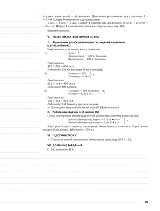 під десятками, сотні — під сотнями. Додавання розпочинається з одиниць. 5 +
+ 4 = 9. Цифру 9 записуємо під одиницями.
1 дес. + 3 дес. = 4 дес. Цифру 4 пишемо під десятками. 2 сотні + 2 сотні =
= 4 сотні. Цифру 4 пишемо під сотнями. Отримуємо суму 449.
Фізкультхвилинка
V.	Розвиток математичних знань
1.	 Фронтальне розв’язування простих задач на додавання
(с.64–65,завдання413)
Розв’язання учні записують у стовпчик.
1)	 Було — ?
Використали — 420 кг борошна
Залишилось — 238 кг борошна
Розв’язання
420 + 238 = 658 (кг)
Відповідь: 658 кг борошна було в пекарні.
2)	 Батонів — 255
Паляниць — 144
Розв’язання
255 + 144 = 399 (хл.)
Відповідь: 399 хлібин.
3)	 Продали — 136 паляниць
Батонів —?, на 113 >
Розв’язання
136 + 113 = 249 (б.)
Відповідь: 249 батонів продали за день.
—	Якою дією ми розв’язали всі задачі? (Додаванням)
2.	Робота над задачею (с.65,завдання414)
Після повторення умови задачі учні записують коротку умову до неї.
Висота айсберга над водою — 112 м
Висота айсберга під водою — ?, на 544 м >
Учні розв’язують задачу, записуючи обчислення у стовпчик. Один учень
працює біля дошки. (Відповідь: 768 м)
VI.	Підсумок уроку
—	Поясніть спосіб письмового обчислення прикладу 234 + 125.
VII.	Домашнє завдання
С. 65, завдання 418.
?
?
112
 