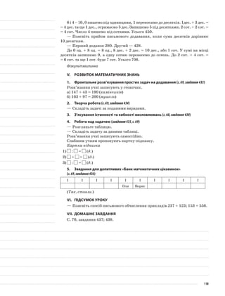 6 і 4 – 10, 0 пишемо під одиницями, 1 переносимо до десятків. 1дес. + 3 дес. =
= 4 дес. та ще 1 дес., отримаємо 5 дес. Запишемо 5 під десятками. 2 сот. + 2 сот. =
= 4 сот. Число 4 пишемо під сотнями. Усього 450.
—	Поясніть прийом письмового додавання, коли сума десятків дорівнює
10 десяткам.
—	Перший доданок 280. Другий — 428.
До 0 од. + 8 од. = 8 од., 8 дес. + 2 дес. = 10 дес., або 1 сот. У сумі на місці
десятків запишемо 0, а одну сотню перенесемо до сотень. До 2 сот. + 4 сот. =
= 6 сот. та ще 1 сот. буде 7 сот. Усього 708.
Фізкультхвилинка
V.	Розвиток математичних знань
1.	 Фронтальне розв’язування простих задач на додавання (с.69,завдання433)
Розв’язання учні записують у стовпчик.
а)	147 + 43 = 190 (камінчиків)
б)	103 + 97 = 200 (мушель)
2.	Творча робота (с.69,завдання434)
—	Складіть задачі за поданими виразами.
3.	 З’ясування істинності та хибності висловлювань (с.68,завдання430)
4.	Робота над задачею (завдання435,с.69)
—	Розгляньте таблицю.
—	Складіть задачу за даними таблиці.
Розв’язання учні записують самостійно.
Слабшим учням пропонують картку-підказку.
Картка-підказка
1)	 : = (д.)
2)	 + = (д.)
3)	 : = (д.)
5.	 Завдання для допитливих «Банк математичних цікавинок»
(с.69,завдання436)
I I I I I I I I I I
Оля Борис
(Так, стояли.)
VI.	Підсумок уроку
—	Поясніть спосіб письмового обчислення прикладів 237 + 123; 153 + 556.
VII.	Домашнє завдання
С. 70, завдання 437; 438.
118
 