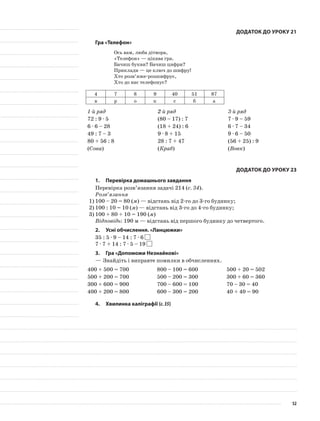 Додаток до уроку 21
Гра «Телефон»
Ось вам, люба дітвора,
«Телефон» — цікава гра.
Бачиш букви? Бачиш цифри?
Приклади — це ключ до шифру!
Хто розв’яже-розшифрує,
Хто до нас телефонує?
4 7 8 9 40 51 87
в р о к с б а
1-й ряд 2-й ряд 3-й ряд
72 : 9 · 5 (80 – 17) : 7 7 · 9 – 59
6 · 6 – 28 (18 + 24) : 6 6 · 7 – 34
49 : 7 – 3 9 · 8 + 15 9 · 6 – 50
80 + 56 : 8 28 : 7 + 47 (56 + 25) : 9
(Сова) (Краб) (Вовк)
Додаток до уроку 23
1.	Перевірка домашнього завдання
Перевірка розв’язання задачі 214 (с. 34).
Розв’язання
1)	100 – 20 = 80 (м) — відстань від 2-го до 3-го будинку;
2)	100 : 10 = 10 (м) — відстань від 3-го до 4-го будинку;
3)	100 + 80 + 10 = 190 (м)
Відповідь: 190 м — відстань від першого будинку до четвертого.
2.	Усні обчислення. «Ланцюжки»
35 : 5 · 9 – 14 : 7 · 6
7 · 7 + 14 : 7 · 5 – 19
3.	Гра «Допоможи Незнайкові»
—	Знайдіть і виправте помилки в обчисленнях.
400 + 500 = 700 800 – 100 = 600 500 + 20 = 502
500 + 200 = 700 500 – 200 = 300 300 + 60 = 360
300 + 600 = 900 700 – 600 = 100 70 – 30 = 40
400 + 200 = 800 600 – 300 = 200 40 + 40 = 90
4.	Хвилинка каліграфії (с.35)
52
 