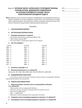 Дата _______________________
Клас _______________________
Урок 22. Читання чисел, записаних у розрядній таблиці.
Розряд сотень. Додавання і віднімання
на основі розрядного складу чисел.
Розв’язування складеної задачі
Мета: вправляти учнів у читанні й утворенні трицифрових чисел; формувати вміння до-
давати і віднімати на основі розрядного складу чисел; вчити розв’язувати складені
задачі; вдосконалювати обчислювальні навички; розвивати мислення учнів, мате-
матичне мовлення; прищеплювати любов до уроків математики.
Хід уроку
I.	 Організаційний момент
II.	Актуалізація опорних знань
1.	Перевірка домашнього завдання
—	Зачитайте відповіді до прикладів 203 (с. 33).
—	Чим цікава задача 204?
—	Скільки марок у Тимкового друга? (110 марок)
2.	Гра «Хто швидше?»
1-й ряд 2-й ряд 3-й ряд
998 + 1 634 + 1 438 – 1
933 – 1 620 – 1 305 – 1
816 + 1 766 + 1 709 – 1
845 – 1 794 – 1 486 – 1
492 + 1 530 + 1 303 + 1
707 – 1 155 + 1 618 + 1
506 + 1 267 + 1 752 + 1
888 – 1 512 + 1 340 + 1
433 + 1 543 – 1 560 + 1
917 – 1 999 – 1 880 + 1
3.	Хвилинка каліграфії (с.33)
4.	Математичний диктант (с.33,завдання205)
Відповіді: 107; 208; 100; 1000; 623; 705; 99; 999; 813; 460; 380.
III.	Повідомлення теми уроку
—	Сьогодні на уроці ми будемо вчитися читати числа у розрядній таблиці,
продовжимо роботу над задачами.
IV.	Робота над темою уроку
1.	Підготовча робота. Читання чисел за нумераційною таблицею
(с.33,завдання206)
—	Прочитайте числа в розрядній таблиці.
—	Скільки сотень, десятків, одиниць містить кожне число?
—	Яке число найбільше?
—	Яке — найменше?
—	Запишіть кілька нерівностей з поданими числами.
2.	Утворення чисел із розрядних доданків за зразком (с.34,завдання207)
3.	Розкладання числа на розрядні доданки за зразком (с.34,завдання208)
57
 