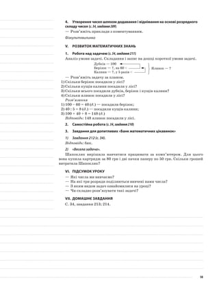 4.	Утворення чисел шляхом додавання і віднімання на основі розрядного
складу чисел (с.34,завдання209)
—	Розв’яжіть приклади з коментуванням.
Фізкультхвилинка
V.	Розвиток математичних знань
1.	Робота над задачею (с.34,завдання211)
Аналіз умови задачі. Складання і запис на дошці короткої умови задачі.
Дубків — 100
Берізок — ?, на 60 <
Калини — ?, у 5 разів <
—	Розв’яжіть задачу за планом.
1)	Скільки берізок посадили у лісі?
2)	Скільки кущів калини посадили у лісі?
3)	Скільки всього посадили дубків, берізок і кущів калини?
4)	Скільки ялинок посадили у лісі?
Розв’язання
1)	100 – 60 = 40 (д.) — посадили берізок;
2)	40 : 5 = 8 (д.) — посадили кущів калини;
3)	100 + 40 + 8 = 148 (д.)
Відповідь: 148 ялинок посадили у лісі.
2.	Самостійна робота (с.34,завдання210)
3.	 Завдання для допитливих «Банк математичних цікавинок»
1)	 Завдання 212 (с. 34).
Відповідь: бик.
2)	 «Весела задача».
Шапокляк вирішила навчитися працювати за комп’ютером. Для цього
вона купила картридж за 80 грн і дві пачки паперу по 50 грн. Скільки грошей
витратила Шапокляк?
VI.	Підсумок уроку
—	Які числа ми вивчаємо?
—	На які три розряди поділяються вивчені нами числа?
—	З яким видом задач ознайомилися на уроці?
—	Чи складно розв’язувати такі задачі?
VII.	Домашнє завдання
С. 34, завдання 213; 214.
Ялинок — ?
58
 