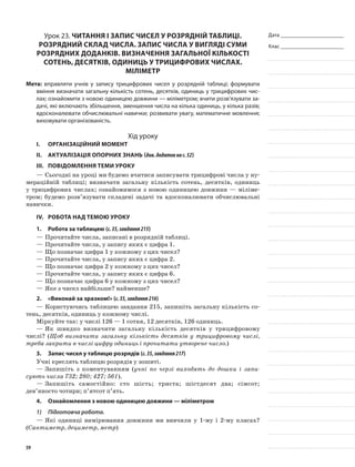 Дата _______________________
Клас _______________________
Урок 23. Читання і запис чисел у розрядній таблиці.
Розрядний склад числа. Запис числа у вигляді суми
розрядних доданків. Визначення загальної кількості
сотень, десятків, одиниць у трицифрових числах.
Міліметр
Мета: вправляти учнів у запису трицифрових чисел у розрядній таблиці; формувати
вміння визначати загальну кількість сотень, десятків, одиниць у трицифрових чис-
лах; ознайомити з новою одиницею довжини — міліметром; вчити розв’язувати за-
дачі, які включають збільшення, зменшення числа на кілька одиниць, у кілька разів;
вдосконалювати обчислювальні навички; розвивати увагу, математичне мовлення;
виховувати організованість.
Хід уроку
I.	 Організаційний момент
II.	Актуалізація опорних знань (див.додатокнас.52)
III.	Повідомлення теми уроку
—	Сьогодні на уроці ми будемо вчитися записувати трицифрові числа у ну-
мераційній таблиці; визначати загальну кількість сотень, десятків, одиниць
у трицифрових числах; ознайомимося з новою одиницею довжини — міліме-
тром; будемо розв’язувати складені задачі та вдосконалювати обчислювальні
навички.
IV.	Робота над темою уроку
1.	Робота за таблицею (с.35,завдання215)
—	Прочитайте числа, записані в розрядній таблиці.
—	Прочитайте числа, у запису яких є цифра 1.
—	Що позначає цифра 1 у кожному з цих чисел?
—	Прочитайте числа, у запису яких є цифра 2.
—	Що позначає цифра 2 у кожному з цих чисел?
—	Прочитайте числа, у запису яких є цифра 6.
—	Що позначає цифра 6 у кожному з цих чисел?
—	Яке з чисел найбільше? найменше?
2.	 «Виконай за зразком!» (с.35,завдання216)
—	Користуючись таблицею завдання 215, запишіть загальну кількість со-
тень, десятків, одиниць у кожному числі.
Міркуйте так: у числі 126 — 1 сотня, 12 десятків, 126 одиниць.
—	Як швидко визначити загальну кількість десятків у трицифровому
числі? (Щоб визначити загальну кількість десятків у трицифровому числі,
треба закрити в числі цифру одиниць і прочитати утворене число.)
3.	 Запис чисел у таблицю розрядів (с.35,завдання217)
Учні креслять таблицю розрядів у зошиті.
—	Запишіть з коментуванням (учні по черзі виходять до дошки і запи-
сують числа 732; 280; 427; 561).
—	Запишіть самостійно: сто шість; триста; шістдесят два; сімсот;
дев’яносто чотири; п’ятсот п’ять.
4.	 Ознайомлення з новою одиницею довжини — міліметром
1)	 Підготовча робота.
—	Які одиниці вимірювання довжини ми вивчили у 1-му і 2-му класах?
(Сантиметр, дециметр, метр)
59
 