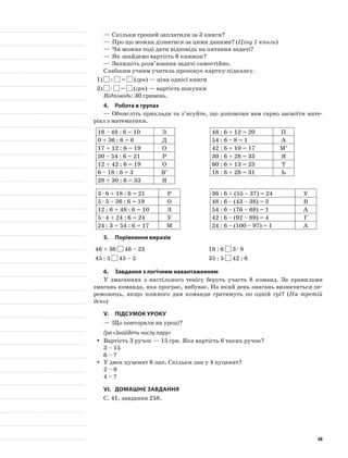 —	Скільки грошей заплатили за 3 книги?
—	Про що можна дізнатися за цими даними? (Ціну 1 книги)
—	Чи можна тоді дати відповідь на питання задачі?
—	Як знайдемо вартість 6 книжок?
—	Запишіть розв’язання задачі самостійно.
Слабшим учням учитель пропонує картку-підказку.
1)	 : = (грн) — ціна однієї книги
2)	 · = (грн) — вартість покупки
Відповідь: 30 гривень.
4.	Робота в групах
—	Обчисліть приклади та з’ясуйте, що допоможе вам гарно засвоїти мате-
ріал з математики.
18 – 48 : 6 = 10 З
0 + 36 : 6 = 6 Д
17 + 12 : 6 = 19 О
30 – 54 : 6 = 21 Р
12 + 42 : 6 = 19 О
6 – 18 : 6 = 3 В’
28 + 30 : 6 = 33 Я
48 : 6 + 12 = 20 П
54 : 6 – 8 = 1 А
42 : 6 + 10 = 17 М’
30 : 6 + 28 = 33 Я
60 : 6 + 13 = 23 Т
18 : 6 + 28 = 31 Ь
3 · 6 + 18 : 6 = 21 Р
5 · 5 – 36 : 6 = 19 О
12 : 6 + 48 : 6 = 10 З
5 · 4 + 24 : 6 = 24 У
24 : 3 + 54 : 6 = 17 М
36 : 6 + (55 – 37) = 24 У
48 : 6 – (43 – 38) = 3 В
54 : 6 – (76 – 68) = 1 А
42 : 6 – (92 – 89) = 4 Г
24 : 6 – (100 – 97) = 1 А
5.	Порівняння виразів
46 + 36 46 – 23 18 : 6 3 · 8
45 : 5 45 – 5 35 : 5 42 : 6
6.	 Завдання з логічним навантаженням
У змаганнях з настільного тенісу беруть участь 8 команд. За правилами
змагань команда, яка програє, вибуває. На який день змагань визначиться пе-
реможець, якщо кожного дня команди гратимуть по одній грі? (На третій
день)
V.	Підсумок уроку
—	Що повторили на уроці?
Гра «Знайдіть числу пару»
Вартість 3 ручок — 15 грн. Яка вартість 6 таких ручок?yy
3 – 15
6 – ?
У двох цуценят 8 лап. Скільки лап у 4 цуценят?yy
2 – 8
4 – ?
VI.	Домашнє завдання
С. 41, завдання 258.
68
 