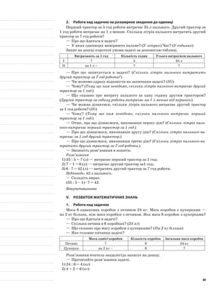 2.	Робота над задачею на розширене зведення до одиниці
Перший трактор за 5 год роботи витрачає 35 л пального. Другий трактор за
1 год роботи витрачає на 1 л менше. Скільки літрів пального витратить другий
трактор за 7 год роботи?
—	Про що йдеться в задачі?
—	У яких одиницях вимірюють пальне? (У літрах) Час? (У годинах)
Запис на дошці короткої умови задачі за допомогою таблиці.
Витрачають за 1 год Кількість годин Усього витратили пального
І ? 5 35 л
II на 1 л < 7 ?
—	Про що запитується в задачі? (Скільки літрів пального витратить
другий трактор за 7 год роботи?)
—	Чи можемо одразу відповісти на запитання задачі? (Ні)
—	Чому? (Тому що нам невідомо, скільки літрів пального витрачає другий
трактор за 1 год.)
—	Що сказано про витрату пального за одну годину другим трактором?
(Другий трактор за годину роботи витрачає на 1 л менше від першого.)
—	Чи можна дізнатися, скільки літрів пального витрачає другий трактор
за 1 год роботи? (Ні)
—	Чому? (Тому що нам невідомо, скільки пального витрачає перший
трактор за 1 год.)
—	Отже, про що дізнаємося, виконавши першу дію? (Скільки літрів паль-
ного витрачає перший трактор за 1 год.)
—	Про що дізнаємося, виконавши другу дію? (Скільки літрів пального ви-
трачає за 1 год другий трактор.)
—	Про що дізнаємося, виконавши третю дію? (Скільки літрів пального ви-
тратить другий трактор за 7 год роботи.)
—	Запишіть розв’язання в зошити.
Розв’язання
1)	35 : 5 = 7 (л) — витрачає перший трактор за 1 год;
2)	7 – 1 = 6 (л) — витрачає другий трактор за1 год;
3)	6 · 7 = 42 (л) — витратить другий трактор за 7 год роботи.
Відповідь: 42 л пального.
—	Складіть вираз.
(35 : 5 – 1) · 7 = 42
Фізкультхвилинка
V.	Розвиток математичних знань
1.	Робота над задачею
Маса 6 однакових коробок з печивом 24 кг. Маса коробки з цукерками —
на 2 кг більша, ніж маса коробки з печивом. Яка маса 8 коробок з цукерками?
—	Про що йдеться в задачі?
—	Скільки печива в 6 коробках? (24 кг)
—	Що сказано про масу коробки з цукерками? (На 2 кг більша)
—	Яке головне питання задачі?
Маса однієї коробки Кількість коробок Загальна маса коробок
Печиво ? 6 24 кг
Цукерки на 2 кг > 8 ?
Розв’язання вчитель заздалегідь записує на дошці.
—	Прочитайте розв’язання задачі.
1)	24 : 6 = 4 (кг)
2)	4 + 2 = 6 (кг)
80
 