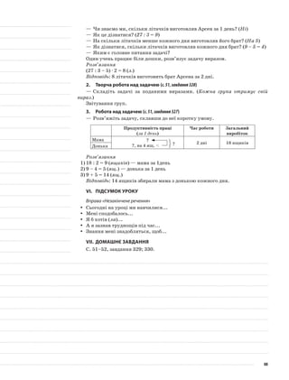 —	Чи знаємо ми, скільки літачків виготовляв Арсен за 1 день? (Ні)
—	Як це дізнатися? (27 : 3 = 9)
—	На скільки літачків менше кожного дня виготовляв його брат? (На 5)
—	Як дізнатися, скільки літачків виготовляв кожного дня брат? (9 – 5 = 4)
—	Яким є головне питання задачі?
Один учень працює біля дошки, розв’язує задачу виразом.
Розв’язання
(27 : 3 – 5) · 2 = 8 (л.)
Відповідь: 8 літачків виготовить брат Арсена за 2 дні.
2.	Творча робота над задачею (с.51,завдання328)
—	Складіть задачі за поданими виразами. (Кожна група отримує свій
вираз.)
Звітування груп.
3.	Робота над задачею (с.51,завдання327)
—	Розв’яжіть задачу, склавши до неї коротку умову.
Продуктивність праці
(за 1 день)
Час роботи Загальний
виробіток
Мама ?
?, на 4 ящ. <
2 дні 18 ящиків
Донька
Розв’язання
1)	18 : 2 = 9 (ящиків) — мама за 1день
2)	9 – 4 = 5 (ящ.) — донька за 1 день
3)	9 + 5 = 14 (ящ.)
Відповідь: 14 ящиків збирали мама з донькою кожного дня.
VI.	Підсумок уроку
Вправа «Незакінчене речення»
Сьогодні на уроці ми навчилися...yy
Мені сподобалось...yy
Я б хотів (yy ла)...
А я зазнав труднощів під час...yy
Знання мені знадобляться, щоб...yy
VII.	Домашнє завдання
С. 51–52, завдання 329; 330.
?
88
 