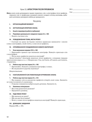 Дата _______________________
Клас _______________________
Урок 55. Апостроф після префіксів
Мета: вчити учнів дотримувати правил правопису слів з апострофом після префіксів,
переносу слів із префіксами; розвивати вміння складати зв’язну розповідь, доби-
рати заголовок; виховувати любов до прекрасного.
Хід уроку
I.	 Організаційний момент
II.	Актуалізація опорних знань
1.	Аналіз перевірної роботи (аудіювання)
2.	Перевірка домашнього завдання (вправа232,с.100)
—	Назвіть частини слів.
III.	Повідомлення теми, мети уроку
—	Сьогодні на уроці ми будемо вчитися правильно вимовляти і писати
слова з апострофом, який стоїть у слові після префікса.
IV.	Сприймання й усвідомлення нового матеріалу
1.	Усне виконання вправи 233 (с.100)
—	Пригадайте правило про вживання апострофа. Наведіть приклади слів
з апострофом.
—	Після яких префіксів пишеться апостроф?
Запам’ятайте! Апостроф пишеться після префіксів з кінцевим твердим
приголосним перед я, ю, є, ї. Наприклад: з’їзд, під’їхати, об’єднати, роз’яснити,
з’юрмитись.
2.	Робота над текстом (вправа234,с.100)
—	Прочитайте. Поясніть уживання апострофа у словах.
—	Як ви розумієте дідусеву відповідь?
Фізкультхвилинка
V.	Узагальнення й систематизація отриманих знань
1.	Робота над текстом (вправа235,с.101)
—	Від поданих слів за допомогою префіксів утворіть нові слова. Запишіть
ці слова та поясніть їх написання.
—	З трьома словами (на вибір) складіть речення. Запишіть їх.
2.	Хвилинка спілкування
—	Яка тема розпочатої розмови?
—	Продовжіть розмову.
VІ.	Підсумок уроку
—	Що вивчали на уроці?
—	Що для вас було новим?
—	Коли у словах після префікса пишеться апо­строф? Наведіть приклади.
VІІ.	Домашнє завдання
Вправа 236, с. 101.
121
 