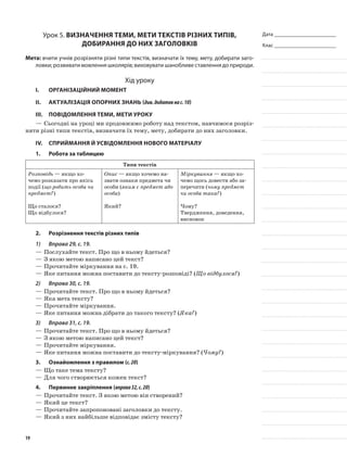 Дата _______________________
Клас _______________________
Урок 5. Визначення теми, мети текстів різних типів,
добирання до них заголовків
Мета: вчити учнів розрізняти різні типи текстів, визначати їх тему, мету, добирати заго-
ловки; розвивати мовлення школярів; виховувати шанобливе ставлення до природи.
Хід уроку
I.	 Організаційний момент
II.	Актуалізація опорних знань (див.додатокнас.10)
III.	Повідомлення теми, мети уроку
—	Сьогодні на уроці ми продовжимо роботу над текстом, навчимося розріз-
няти різні типи текстів, визначати їх тему, мету, добирати до них заголовки.
IV.	Сприймання й усвідомлення нового матеріалу
1.	Робота за таблицею
Типи текстів
Розповідь — якщо хо-
чемо розказати про якісь
події (що робить особа чи
предмет?)
Що сталося?
Що відбулося?
Опис — якщо хочемо на-
звати ознаки предмета чи
особи (яким є предмет або
особа)
Який?
Міркування — якщо хо-
чемо щось довести або за-
перечити (чому предмет
чи особа така?)
Чому?
Твердження, доведення,
висновок
2.	Розрізнення текстів різних типів
1)	 Вправа 29, с. 19.
—	Послухайте текст. Про що в ньому йдеться?
—	З якою метою написано цей текст?
—	Прочитайте міркування на с. 19.
—	Яке питання можна поставити до тексту-розповіді? (Що відбулося?)
2)	 Вправа 30, с. 19.
—	Прочитайте текст. Про що в ньому йдеться?
—	Яка мета тексту?
—	Прочитайте міркування.
—	Яке питання можна дібрати до такого тексту? (Яка?)
3)	 Вправа 31, с. 19.
—	Прочитайте текст. Про що в ньому йдеться?
—	З якою метою написано цей текст?
—	Прочитайте міркування.
—	Яке питання можна поставити до тексту-міркування? (Чому?)
3.	 Ознайомлення з правилом (с.20)
—	Що таке тема тексту?
—	Для чого створюється кожен текст?
4.	Первинне закріплення (вправа32,с.20)
—	Прочитайте текст. З якою метою він створений?
—	Який це текст?
—	Прочитайте запропоновані заголовки до тексту.
—	Який з них найбільше відповідає змісту тексту?
19
 