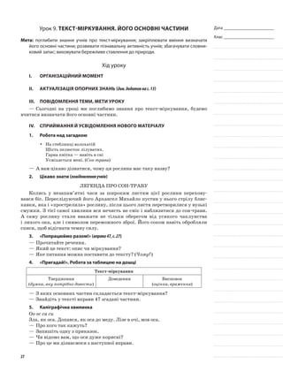 Дата _______________________
Клас _______________________
Урок 9. Текст-міркування. Його основні частини
Мета: поглибити знання учнів про текст-міркування; закріплювати вміння визначати
його основні частини; розвивати пізнавальну активність учнів; збагачувати словни-
ковий запас; виховувати бережливе ставлення до природи.
Хід уроку
I.	 Організаційний момент
II.	Актуалізація опорних знань (див.додатокнас.13)
III.	Повідомлення теми, мети уроку
—	Сьогодні на уроці ми поглибимо знання про текст-міркування, будемо
вчитися визначати його основні частини.
IV.	Сприймання й усвідомлення нового матеріалу
1.	Робота над загадкою
На стеблинці волохатійyy
Шість пелюсток лілуватих.
Гарна квітка — навіть в сні
Усміхається мені. (Сон-трава)
—	А вам цікаво дізнатися, чому ця рослина має таку назву?
2.	Цікаво знати (повідомленняучнів)
Легенда про сон-траву
Колись у незапам’ятні часи за широким листям цієї рослини перехову-
вався біс. Переслідуючий його Архангел Михайло пустив у нього стрілу блис-
кавки, яка і «прострелила» рослину, після цього листя перетворилися у вузькі
смужки. З тієї самої хвилини вся нечисть не сміє і наблизитися до сон-трави.
А саму рослину стали вважати не тільки оберегом від усякого чаклунства
і лихого ока, але і символом переможного зброї. Його соком навіть обробляли
списи, щоб відігнати темну силу.
3.	 «Попрацюймо разом!» (вправа47,с.27)
—	Прочитайте речення.
—	Який це текст: опис чи міркування?
—	Яке питання можна поставити до тексту? (Чому?)
4.	 «Пригадай!». Робота за таблицею на дошці
Текст-міркування
Твердження
(думка, яку потрібно довести)
Доведення Висновок
(оцінка, враження)
—	З яких основних частин складається текст-міркування?
—	Знайдіть у тексті вправи 47 згадані частини.
5.	Каліграфічна хвилинка
Оо ос са си
Зла, як оса. Допався, як оса до меду. Лізе в очі, мов оса.
—	Про кого так кажуть?
—	Запишіть одну з приказок.
—	Чи відомо вам, що оси дуже корисні?
—	Про це ми дізнаємося з наступної вправи.
27
 