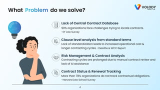 do we solve?
What Problem
Lack of Central Contract Database
90% organizations face challenges trying to locate contracts.
-EY Law Survey
Clause level analysis from standard terms
Lack of standardization leads to increased operational cost &
longer contracting cycles. -Deloitte & WCC Report
Risk Management & Contract Analysis
Contracting cycles are prolonged due to manual contract review and 

lack of AI assistance
Contract Status & Renewal Tracking
More than 78% organizations do not track contractual obligations.
-Harvard Law School Survey
4
 