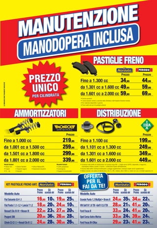 MANUTENZIONE
MANODOPERAINCLUSA
PREZZOPREZZO
UNICOUNICO
PER CILINDRATAPER CILINDRATA
Modello Auto
Fiat Seicento 0.9-1.1 16,95 10% 19,95 25%
Fiat Punto I 1.1-1.2 • Lancia Y 1.2 18,95 20% 24,95 10%
Renault Clio III-IV • Nissan III 22,95 23% 27,95 20%
Peugeot 206 20,95 36% 26,95 28%
CitroënC2-C31.1•RenaultClioIII1.2 24,95 28% 30,95 26%
Modello Auto
Grande Punto 1.3 Multijet • Bravo II 24,95 35% 34,95 22%
VW Golf IV 1.9 TDI -Golf V 2.0 TDI 28,95 21% 41,95 20%
Ford Focus II 33,95 24% 41,95 20%
Opel Corsa-Astra-Meriva 33,95 24% 39,95 24%
Ford Focus III-CMax 29,95 23% 41,95 23%
KIT PASTIGLIE FRENO ANT.
• Esclusi accessori
• I prezzi possono variare a seconda della cilindrata e dell’impianto frenante montato
• Per materiale disponibile in gamma
• Prezzi validi solo per kit pastiglie anteriori
Già
scontatodel
Già
scontatodel
Prezzo
Promo
Prezzo
Promo
Già
scontatodel
Già
scontatodel
Prezzo
Promo
Prezzo
Promo
LEIMMAGINISONOPURAMENTEINDICATIVE
Prezzo Prezzo
Fino a 1.300 cc 34,95 44,95
da 1.301 cc a 1.600 cc 49,95 59,95
da 1.601 cc a 2.000 cc 59,95 69,95
• Compreso nella tariffa: kit distribuzione con pompa acqua INA + cinghia servizi GATES, disponibile a magazzino,
manodopera relativa a questi 3 ricambi + sostituzione liquido raffreddamento.
• Escluso dalla tariffa: Eventuali tendicinghia e pulegge supplementari, eventuali cinghie servizi supplementari.
• Vetture escluse: con catena di distribuzione, 4x4, TL, GPL, metano, oltre 2.000 cc, motori con num. di cilindri superiore a 4.
Prezzo
Fino a 1.100 cc 199,95
da 1.101 cc a 1.300 cc 249,95
da 1.301 cc a 1.600 cc 349,95
da 1.601 cc a 2.000 cc 449,95
Veicoli Esclusi:
• Vetture 4x4
• Furgoni
• Pic - Up
• Sistemi Multilink
• Trasporto leggero
• Autocarri
• Vetture Metano/GPL
• Sospensioni idrauliche
Ricambi Esclusi:
• Cuffie parapolvere
• Convergenza
• Supporti Ammortizzatori
Prezzo
Fino a 1.000 cc 219,95
da 1.001 cc a 1.500 cc 259,95
da 1.501 cc a 1.800 cc 299,95
da 1.801 cc a 2.000 cc 339,95
AMMORTIZZATORI
PASTIGLIE FRENO
DISTRIBUZIONE
OFFERTA
PER IL
FAI DA TE!
Vol_Ottobre_2015_10_11_C_Layout 1 28/09/15 12.49 Pagina 11
 