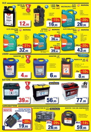 BATTERIE
8
9
CARICABATTERIE
OLIO
LIQUIDI
MOTOR OIL
15W40
793534
• Benzina e Diesel
• Norme API SF/CD
12,95
Primo
Prezzo
Prezzo
I-BASE
15W40
756040
-15%
16,95
19,95
• ACEA A3/B4
• API SL/CF
• VW 501.01
ELITE EVOLUTION
5W40
223956
• A3/B4
• VW 505.01
• BMW LL04
• RN0710
ELITE EVOLUTION LL
5W30
367349
• LL04
• ACEA A3/B4 C3
• 505.01
• GM-LL-A-025
• GM-LL-B-025
• MB 229.51
-21%
32,95
41,95
-20%
43,95
54,95
ELITE
MULTIVALVOLE 10W40
125336
• SN/CF
• A3/B4
• MB229.1
• VW 502.00-505.00
-20%
26,95
33,95
4,99
Primo
Prezzo
Prezzo
• Antiebollizione
• Antischiuma
• Anticorrosione
RADIATORE -10°
762501
PRONTI ALL’USO!
6,95
RADIATORE -20°
191213
• Antiebollizione
• Antischiuma
• Anticorrosione
PARAFLU UP -40°
686089
• Protezione +125 -40°
• Di colore rosso
• Per motori di nuova generazione
-10%
8,95
9,95
39,95
A PARTIRE
DA
56,95
A PARTIRE
DA
77,95
A PARTIRE
DA
Primo
Prezzo
Prezzo
CARICABATTERIE NX 1010
359428
• 6/12V
• Ad alto livello di
sicurezza: protegge
contro le inversioni di
polarità, i cortocircuiti,
i sovraccarichi
-29%
26,95
37,95
• Minicompressore
• Lampada di soccorso
• Presa accendisigari
BOOSTER 17AH CON COMPRESSORE
655754TESTER BATTERIA/
ALTERNATORE DIGITALE
820335
-14%
59,95
69,95
NOVITÀ
AUTOGAS
907008 - 907009
-20%
39,95
49,95
-17%
36,95
44,95
5W40
A3/B4-04 C3
5W30
C3
• Specifico per vetture
GPL e Metano
-20%
19,95
24,95
Vol_Ottobre 2015_08_09_Layout 1 28/09/15 12.45 Pagina 8
 