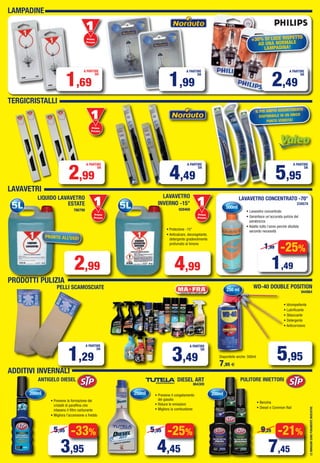 LAMPADINE
LEIMMAGINISONOPURAMENTEINDICATIVE
1,69
A PARTIRE
DA
Primo
Prezzo
Prezzo
1,99
A PARTIRE
DA
2,49
A PARTIRE
DA
+30% DI LUCE RISPETTO
AD UNA NORMALE
LAMPADINA!
2,99
A PARTIRE
DA
4,49
A PARTIRE
DA
5,95
A PARTIRE
DA
Primo
Prezzo
Prezzo
IL PIÙ AMPIO ASSORTIMENTO
DISPONIBILE IN UN UNICO
PUNTO VENDITA!
TERGICRISTALLI
LAVAVETRI
PRODOTTI PULIZIA
4,99
LAVAVETRO
INVERNO -15°
928469
• Protezione -15°
• Anticalcare, decongelante,
detergente gradevolmente
profumato al limone
LAVAVETRO CONCENTRATO -70°
234574
• Lavavetro concentrato
• Garantisce un’accurata pulizia del
parabrezza
• Adatto tutto l’anno perché diluibile
secondo necessità
500ml
-25%
1,49
1,99
PELLI SCAMOSCIATE
1,29
A PARTIRE
DA
5,95
250 ml
Disponibile anche: 500ml
7,95 €
WD-40 DOUBLE POSITION
944964
3,49
A PARTIRE
DA
ANTIGELO DIESEL
-33%
3,95
5,95
-25%
4,45
5,95
ADDITIVI INVERNALI
DIESEL ART
864309
• Previene il congelamento
del gasolio
• Riduce le emissioni
• Migliora la combustione
250ml
-21%
7,45
9,25
PULITORE INIETTORI
200ml
• Benzina
• Diesel e Common Rail
LIQUIDO LAVAVETRO
ESTATE
786799
Primo
Prezzo
Prezzo
Primo
Prezzo
Prezzo
PRONTO ALL’USO!
2,99
200ml
• Idrorepellente
• Lubrificante
• Sbloccante
• Detergente
• Anticorrosivo
• Previene la formazione dei
cristalli di paraffina che
intasano il filtro carburante
• Migliora l’accensione a freddo
Vol_Ottobre 2015_08_09_Layout 1 28/09/15 12.46 Pagina 9
 
