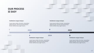 OUR PROCESS
IS EASY
17
20XX
Vestibulum congue tempus
Lorem ipsum dolor sit amet, consectetur
adipiscing elit, sed do eiusmod tempor.
Donec facilisis lacus eget mauris.
20XX
Vestibulum congue tempus
Lorem ipsum dolor sit amet, consectetur
adipiscing elit, sed do eiusmod tempor.
Donec facilisis lacus eget mauris.
20XX
Vestibulum congue tempus
Lorem ipsum dolor sit amet, consectetur
adipiscing elit, sed do eiusmod tempor.
Donec facilisis lacus eget mauris.
20XX
Vestibulum congue tempus
Lorem ipsum dolor sit amet, consectetur
adipiscing elit, sed do eiusmod tempor.
Donec facilisis lacus eget mauris.
 