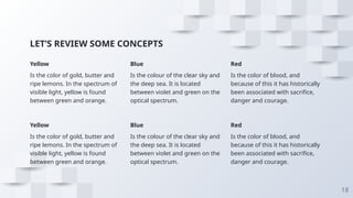 LET’S REVIEW SOME CONCEPTS
Yellow
Is the color of gold, butter and
ripe lemons. In the spectrum of
visible light, yellow is found
between green and orange.
Blue
Is the colour of the clear sky and
the deep sea. It is located
between violet and green on the
optical spectrum.
Red
Is the color of blood, and
because of this it has historically
been associated with sacrifice,
danger and courage.
18
Yellow
Is the color of gold, butter and
ripe lemons. In the spectrum of
visible light, yellow is found
between green and orange.
Blue
Is the colour of the clear sky and
the deep sea. It is located
between violet and green on the
optical spectrum.
Red
Is the color of blood, and
because of this it has historically
been associated with sacrifice,
danger and courage.
 