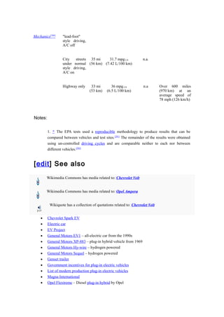 Mechanics[280]    "lead-foot"
                  style driving,
                  A/C off


                  City   streets 35 mi    31.7 mpg-US                n.a.
                  under normal (56 km) (7.42 L/100 km)
                  style driving,
                  A/C on


                  Highway only      33 mi        36 mpg-US           n.a        Over 600 miles
                                   (53 km)    (6.5 L/100 km)                    (970 km) at an
                                                                                average speed of
                                                                                78 mph (126 km/h)



Notes:


         1. ^ The EPA tests used a reproducible methodology to produce results that can be
         compared between vehicles and test sites.[281] The remainder of the results were obtained
         using un-controlled driving cycles and are comparable neither to each nor between
         different vehicles.[282]


[edit] See also
        Wikimedia Commons has media related to: Chevrolet Volt


        Wikimedia Commons has media related to: Opel Ampera


          Wikiquote has a collection of quotations related to: Chevrolet Volt


    •    Chevrolet Spark EV
    •    Electric car
    •    EV Project
    •    General Motors EV1 – all-electric car from the 1990s
    •    General Motors XP-883 – plug-in hybrid vehicle from 1969
    •    General Motors Hy-wire – hydrogen powered
    •    General Motors Sequel – hydrogen powered
    •    Genset trailer
    •    Government incentives for plug-in electric vehicles
    •    List of modern production plug-in electric vehicles
    •    Magna International
    •    Opel Flextreme – Diesel plug-in hybrid by Opel
 