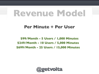 Revenue Model
    Per Minute + Per User

  $99/Month - 5 Users / 1,000 Minutes
$249/Month - 10 Users / 5,000 Minutes
$699/Month - 25 Users / 15,000 Minutes
 