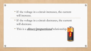 Voltage and Current• If the voltage in a circuit increases, the current
will increase.
• If the voltage in a circuit decreases, the current
will decrease.
• This is a direct/proportional relationship.
 
