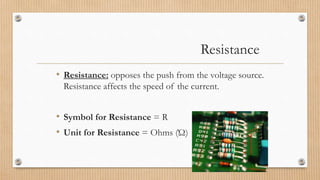 Resistance
• Resistance: opposes the push from the voltage source.
Resistance affects the speed of the current.
• Symbol for Resistance = R
• Unit for Resistance = Ohms (Ώ)
 