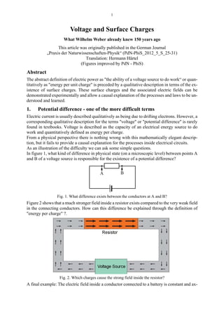 1
Voltage and Surface Charges
What Wilhelm Weber already knew 150 years ago
This article was originally published in the German Journal
„Praxis der Naturwissenschaften-Physik“ (PdN-PhiS_2012_5_S_25-31)
Translation: Hermann Härtel
(Figures improved by PdN - PhiS)
Abstract
The abstract definition of electric power as "the ability of a voltage source to do work“ or quan-
titatively as "energy per unit charge" is preceded by a qualitative description in terms of the ex-
istence of surface charges. These surface charges and the associated electric fields can be
demonstrated experimentally and allow a causal explanation of the processes and laws to be un-
derstood and learned.
1. Potential difference - one of the more difficult terms
Electric current is usually described qualitatively as being due to drifting electrons. However, a
corresponding qualitative description for the terms "voltage" or "potential difference" is rarely
found in textbooks. Voltage is described as the capacity of an electrical energy source to do
work and quantitatively defined as energy per charge.
From a physical perspective there is nothing wrong with this mathematically elegant descrip-
tion, but it fails to provide a causal explanation for the processes inside electrical circuits.
As an illustration of the difficulty we can ask some simple questions.
In figure 1, what kind of difference in physical state (on a microscopic level) between points A
and B of a voltage source is responsible for the existence of a potential difference?
Fig. 1. What difference exists between the conductors at A and B?
Figure 2 shows that a much stronger field inside a resistor exists compared to the very weak field
in the connecting conductors. How can this difference be explained through the definition of
"energy per charge" ?.
Fig. 2. Which charges cause the strong field inside the resistor?
A final example: The electric field inside a conductor connected to a battery is constant and ax-
A B
 