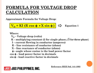 FORMULA FOR VOLTAGE DROP
CALCULATION
Approximate Formula for Voltage Drop:
Reference: IEEE Std. 141-1993
VD = KI (R cos ф + X sin ф )
Where:
VD – Voltage drop (volts)
K – multiplying constant (2 for single phase, 𝟑 𝐟𝐨𝐫 𝐭𝐡𝐫𝐞𝐞 𝐩𝐡𝐚𝐬𝐞)
I – current flowing in conductor (amperes)
R – line resistance of conductor (ohms)
X – line reactance of conductor (ohms)
ф – angle whose cosine is the load power factor
cos ф – load power factor in decimals
sin ф – load reactive factor in decimals
Equation 1
 
