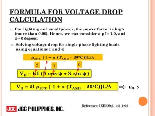 FORMULA FOR VOLTAGE DROP
CALCULATION
Reference: IEEE Std. 141-1993
o For lighting and small power, the power factor is high
(more than 0.90). Hence, we can consider a pf = 1.0, and
ф = 0 degrees.
o Solving voltage drop for single-phase lighting loads
using equations 1 and 4:
VD = KI (R cos ф + X sin ф )
VD = 2I ρ20°C [ 1 + α (TAMB – 20°C)]L/A
2 0
1
ρ20°C [ 1 + α (TAMB – 20°C)]L/A
Eq. 5
 