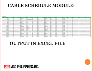 CABLE SCHEDULE MODULE:
OUTPUT IN EXCEL FILE
 