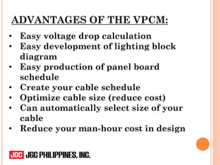 ADVANTAGES OF THE VPCM:
• Easy voltage drop calculation
• Easy development of lighting block
diagram
• Easy production of panel board
schedule
• Create your cable schedule
• Optimize cable size (reduce cost)
• Can automatically select size of your
cable
• Reduce your man-hour cost in design
 