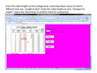 Enter the cable lengths to find voltage drop. Used drop down menu to select a
different wire size. ‘Length to Zero’ resets the cable lengths to zero. ‘Compare to
copper’ copies the information to another sheet for comparison.
 