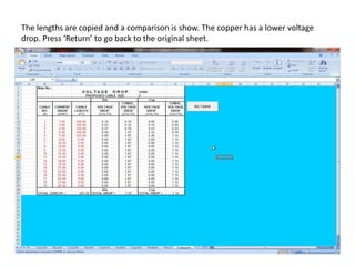 The lengths are copied and a comparison is show. The copper has a lower voltage
drop. Press ‘Return’ to go back to the original sheet.
 