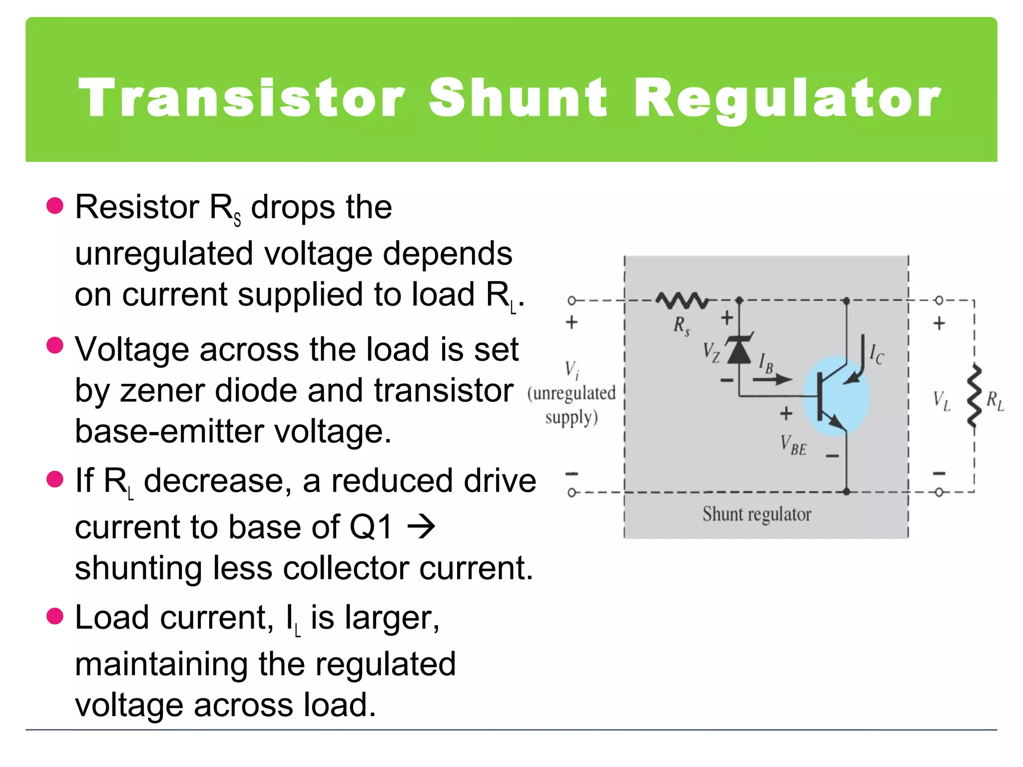Transistor Shunt Regulator
Resistor RS drops the
unregulated voltage depends
on current supplied to load RL.
Voltage across the load is set
by zener diode and transistor
base-emitter voltage.
If RL decrease, a reduced drive
current to base of Q1 
shunting less collector current.
Load current, IL is larger,
maintaining the regulated
voltage across load.
 