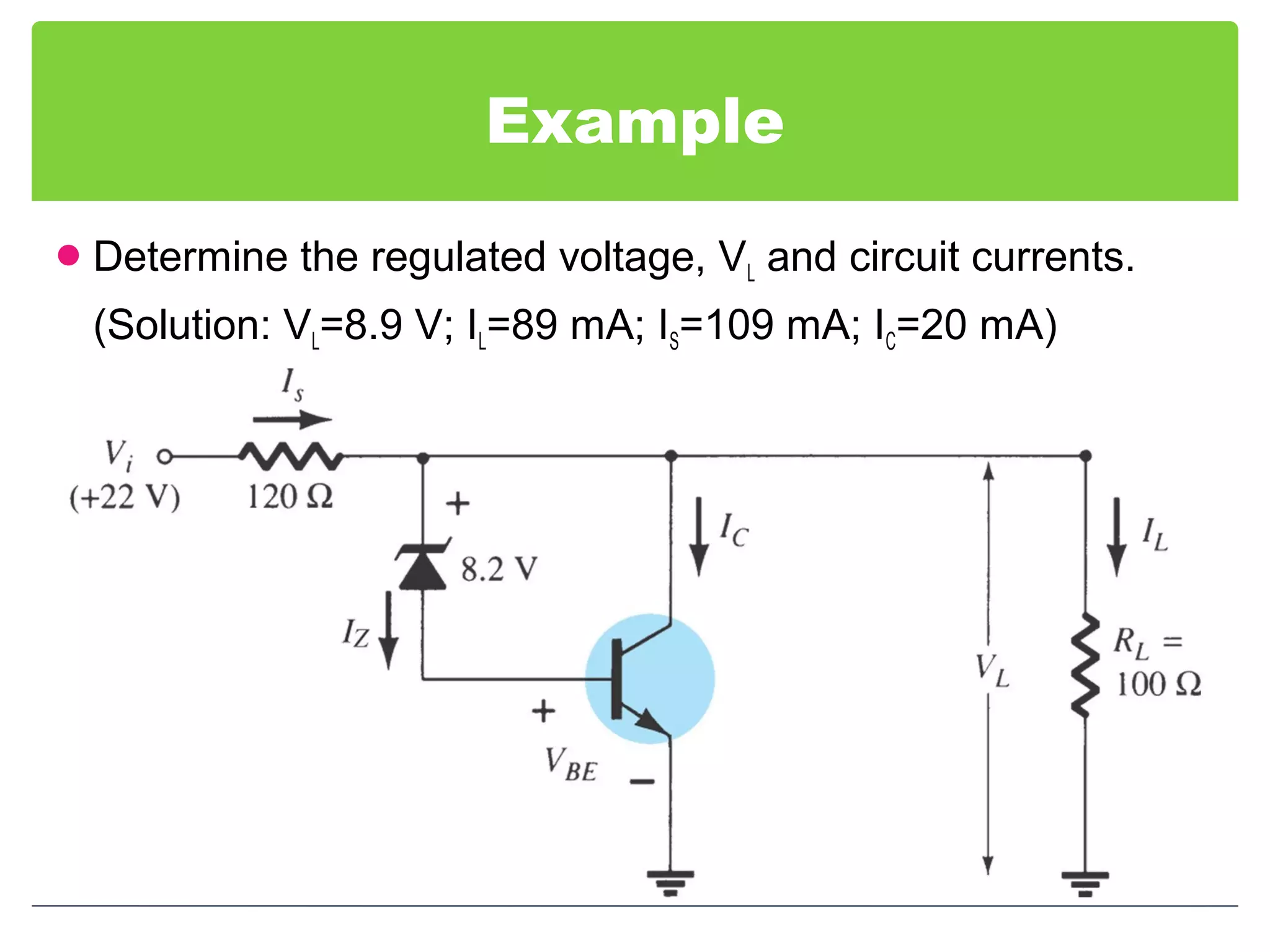 Example
Determine the regulated voltage, VL and circuit currents.
(Solution: VL=8.9 V; IL=89 mA; IS=109 mA; IC=20 mA)
 