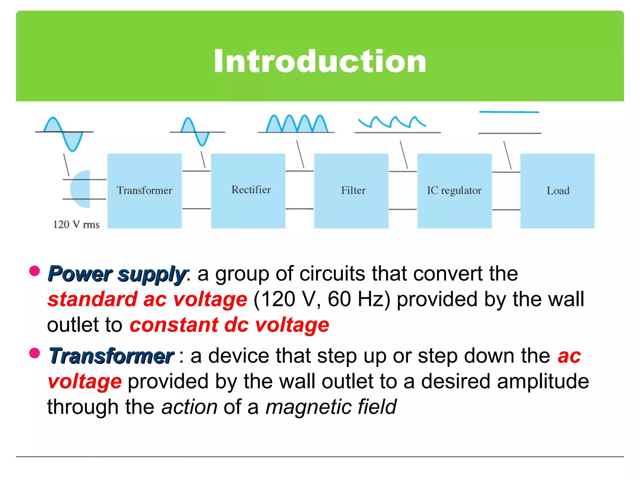 Introduction
Power supplyPower supply: a group of circuits that convert the
standard ac voltage (120 V, 60 Hz) provided by the wall
outlet to constant dc voltage
TransformerTransformer : a device that step up or step down the ac
voltage provided by the wall outlet to a desired amplitude
through the action of a magnetic field
 