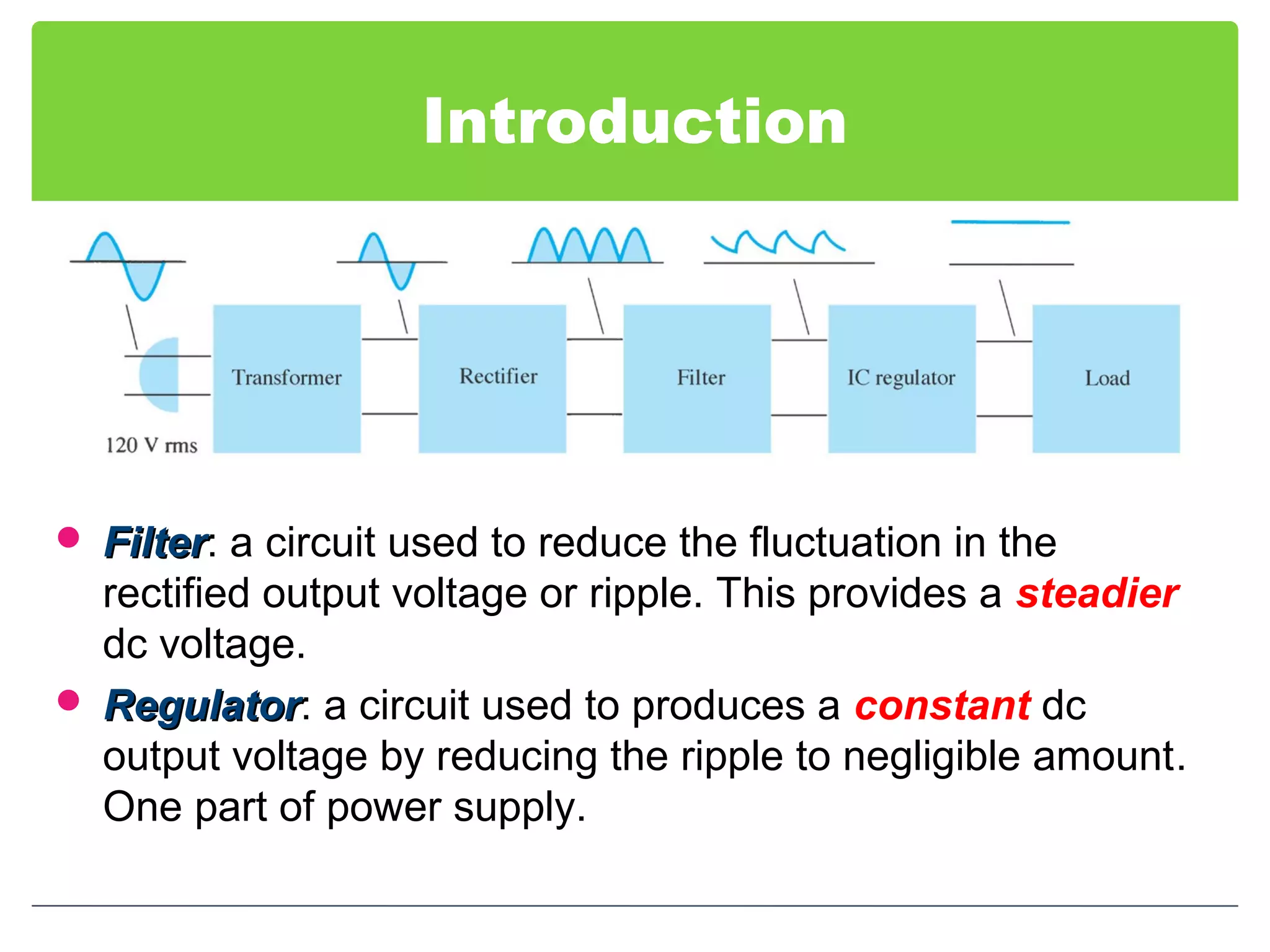 Introduction
 FilterFilter: a circuit used to reduce the fluctuation in the
rectified output voltage or ripple. This provides a steadier
dc voltage.
 RegulatorRegulator: a circuit used to produces a constant dc
output voltage by reducing the ripple to negligible amount.
One part of power supply.
 