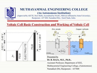 Presented by
Dr. R. RAJA, M.E., Ph.D.,
Assistant Professor, Department of EEE,
Muthayammal Engineering College, (Autonomous)
Namakkal (Dt), Rasipuram – 637408
MUTHAYAMMAL ENGINEERING COLLEGE
(An Autonomous Institution)
(Approved by AICTE, New Delhi, Accredited by NAAC, NBA & Affiliated to Anna University),
Rasipuram - 637 408, Namakkal Dist., Tamil Nadu, India.
Voltaic Cell Basic Construction and Working of Voltaic Cell
 