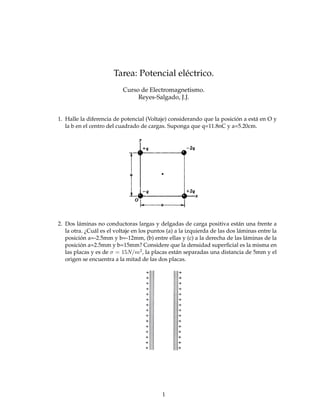 Tarea: Potencial eléctrico.
Curso de Electromagnetismo.
Reyes-Salgado, J.J.
1. Halle la diferencia de potencial (Voltaje) considerando que la posición a está en O y
la b en el centro del cuadrado de cargas. Suponga que q=11.8nC y a=5.20cm.
2. Dos láminas no conductoras largas y delgadas de carga positiva están una frente a
la otra. ¿Cuál es el voltaje en los puntos (a) a la izquierda de las dos láminas entre la
posición a=-2.5mm y b=-12mm, (b) entre ellas y (c) a la derecha de las láminas de la
posición a=2.5mm y b=15mm? Considere que la densidad superficial es la misma en
las placas y es de σ = 15N/m2 , la placas están separadas una distancia de 5mm y el
origen se encuentra a la mitad de las dos placas.
1