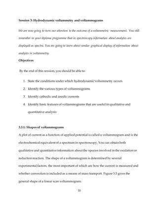 13
Session 3: Hydrodynamic voltammetry and voltammograms
We are now going to turn our attention to the outcome of a voltammetric measurement. You still
remember in your diploma programme that in spectroscopy information about analytes are
displayed as spectra. You are going to learn about similar graphical display of information about
analytes in voltammetry.
Objectives
By the end of this session, you should be able to:
1. State the conditions under which hydrodynamic voltammetry occurs
2. Identify the various types of voltammograms
3. Identify cathodic and anodic currents
4. Identify basic features of voltammograms that are useful in qualitative and
quantitative analysis
3.3.1: Shapes of voltammograms
A plot of current as a function of applied potential is called a voltammogram and is the
electrochemical equivalent of a spectrum in spectroscopy. You can obtain both
qualitative and quantitative information about the species involved in the oxidation or
reduction reaction. The shape of a voltammogram is determined by several
experimental factors, the most important of which are how the current is measured and
whether convection is included as a means of mass transport. Figure 3.5 gives the
general shape of a linear scan voltammogram.
 