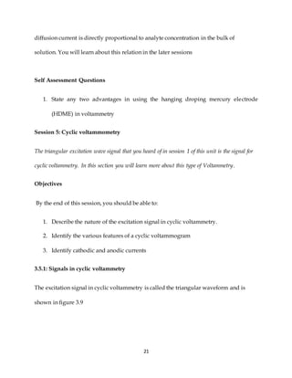 21
diffusion current is directly proportional to analyte concentration in the bulk of
solution. You will learn about this relation in the later sessions
Self Assessment Questions
1. State any two advantages in using the hanging droping mercury electrode
(HDME) in voltammetry
Session 5: Cyclic voltammometry
The triangular excitation wave signal that you heard of in session 1 of this unit is the signal for
cyclic voltammetry. In this section you will learn more about this type of Voltammetry.
Objectives
By the end of this session, you should be able to:
1. Describe the nature of the excitation signal in cyclic voltammetry.
2. Identify the various features of a cyclic voltammogram
3. Identify cathodic and anodic currents
3.5.1: Signals in cyclic voltammetry
The excitation signal in cyclic voltammetry is called the triangular waveform and is
shown in figure 3.9
 