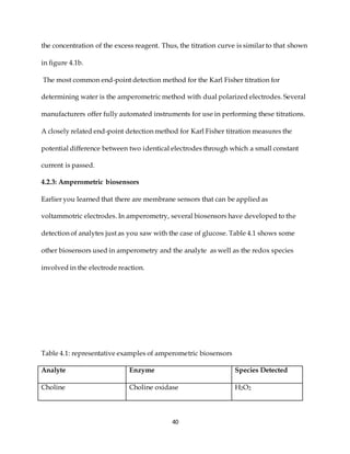 40
the concentration of the excess reagent. Thus, the titration curve is similar to that shown
in figure 4.1b.
The most common end-point detection method for the Karl Fisher titration for
determining water is the amperometric method with dual polarized electrodes. Several
manufacturers offer fully automated instruments for use in performing these titrations.
A closely related end-point detection method for Karl Fisher titration measures the
potential difference between two identical electrodes through which a small constant
current is passed.
4.2.3: Amperometric biosensors
Earlier you learned that there are membrane sensors that can be applied as
voltammotric electrodes. In amperometry, several biosensors have developed to the
detection of analytes just as you saw with the case of glucose. Table 4.1 shows some
other biosensors used in amperometry and the analyte as well as the redox species
involved in the electrode reaction.
Table 4.1: representative examples of amperometric biosensors
Analyte Enzyme Species Detected
Choline Choline oxidase H2O2
 