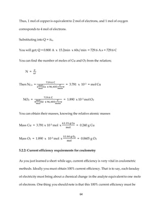 64
Thus, 1 mol of copper is equivalent to 2 mol of electrons, and 1 mol of oxygen
corresponds to 4 mol of electrons.
Substituting into Q = ite,
You will get; Q = 0.800 A x 15.2min x 60s/min = 729.6 A.s = 729.6 C
You can find the number of moles of Cu and O2 from the relation;
N =
𝑄
𝑛𝐹
Then NCu =
729.6 C
2
mol
mol
Cu x 96,485
C
mole
e
= 3.781 x 10-3 = mol Cu
NO2 =
729.6 C
4
mol
mol
O2 x 96,485
C
mole
e
= 1.890 x 10-3 mol O2
You can obtain their masses, knowing the relative atomic masses
Mass Cu = 3.781 x 10-3 mol x
63.35 g Cu
mol
= 0.240 g Cu
Mass O2 = 1.890 x 10-3 mol x
32.00 g O2
mol
= 0.0605 g O2
5.2.2: Current efficiency requirements for coulometry
As you just learned a short while ago, current efficiency is very vital in coulometric
methods. Ideally you must obtain 100% current efficiency. That is to say, each faraday
of electricity must bring about a chemical change in the analyte equivalent to one mole
of electrons. One thing you should note is that this 100% current efficiency must be
 