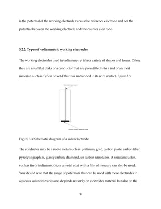 9
is the potential of the working electrode versus the reference electrode and not the
potential between the working electrode and the counter electrode.
3.2.2: Types of voltammetric working electrodes
The working electrodes used in voltammetry take a variety of shapes and forms. Often,
they are small flat disks of a conductor that are press fitted into a rod of an inert
material, such as Teflon or kel-F that has imbedded in its wire contact, figure 3.3
Figure 3.3: Schematic diagram of a solid electrode
The conductor may be a noble metal such as platinum, gold, carbon paste, carbon fiber,
pyrolytic graphite, glassy carbon, diamond, or carbon nanotubes. A semiconductor,
such as tin or indium oxide; or a metal coat with a film of mercury can also be used.
You should note that the range of potentials that can be used with these electrodes in
aqueous solutions varies and depends not only on electrodes material but also on the
 
