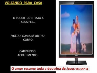 O PODER DE IR ESTA A
SEUS PES…
VOLTAR COM UM OUTRO
CORPO
CARINHOSO
ACOLHIMENTO
O amor resume toda a doutrina de Jesus-ESE CAP 11
 