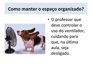 Como manter o espaço organizado?
• O professor que
deve controlar o
uso do ventilador,
cuidando para
que, na última
aula, seja
desligado.
 