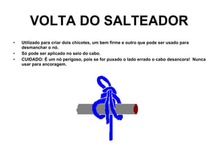 VOLTA DO SALTEADOR   Utilizado para criar dois chicotes, um bem firme e outro que pode ser usado para desmanchar o nó.  Só pode ser aplicado no seio do cabo. CUIDADO: É um nó perigoso, pois se for puxado o lado errado o cabo desancora!  Nunca usar para ancoragem.   